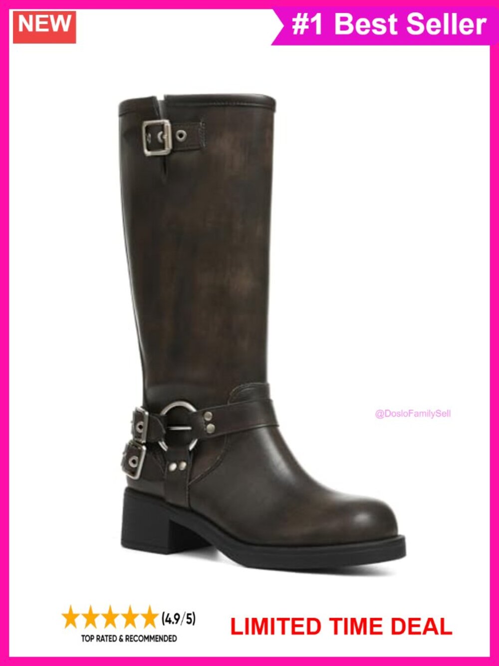 Knee High Moto Biker Boots Square Toe Block Heel Pull On